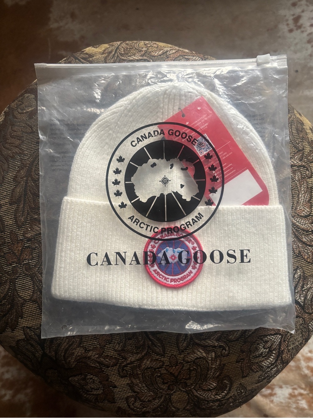 Canada Goose White Knit Beanie with Red Arctic Patch
